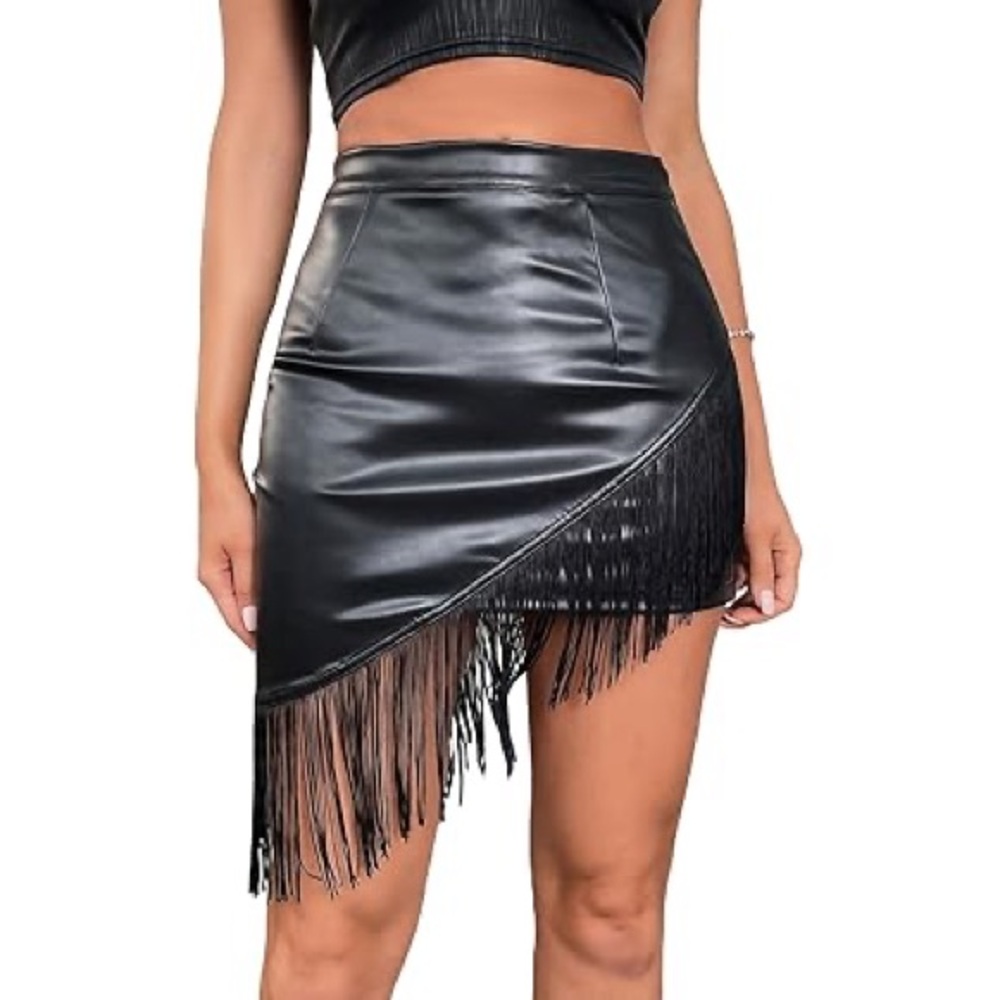 Chic Black Fringe Mini Faux Leather Skirt Size XL